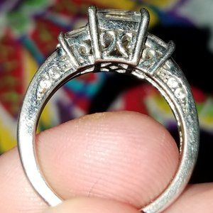 Properly faceted real princess cut cz 3 stone ring sterling LOOKS REAL!